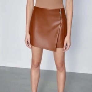 Zara Tan Faux Leather Asymmetrical Mini Skort